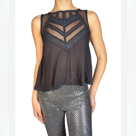 Free People Tops - Free People tank top vest XS lace mesh charcoal black